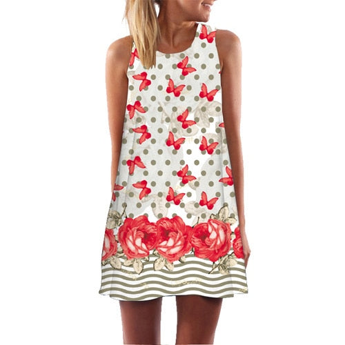 Rose Print Sleeveless Summer Dress